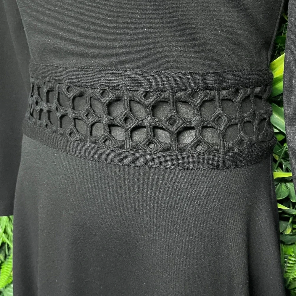 Lela Rose Dress Size 16 Black Lace Cutout Waist Hem Long Sleeve A-Line Midi 3770